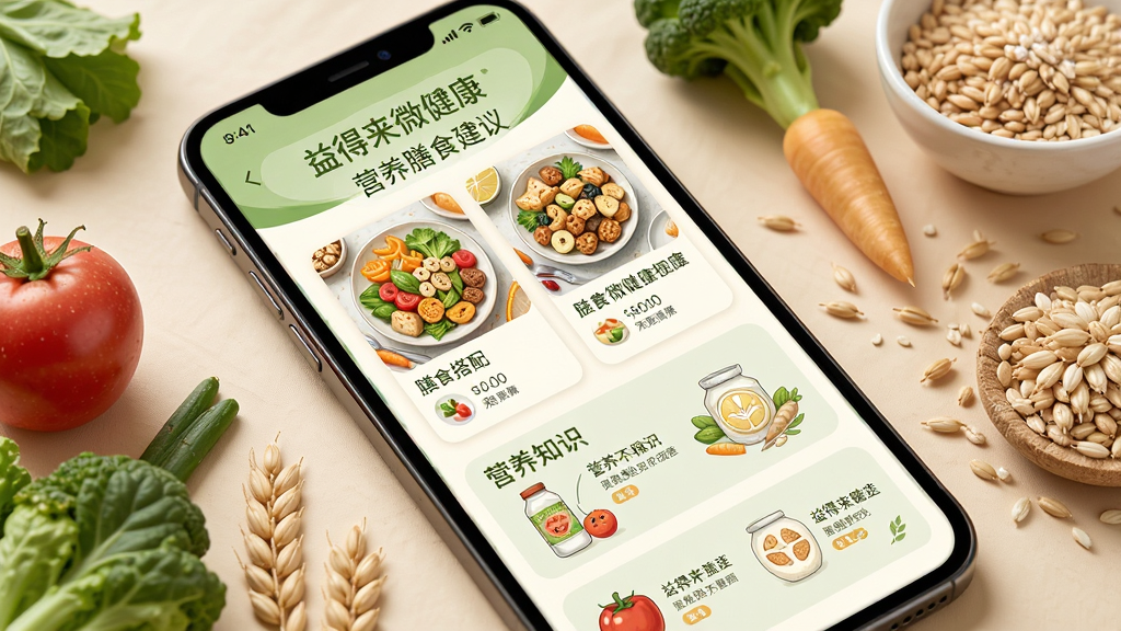 �����΢����Ӫ����ʳ����ҳ�棬����Ϊ�ֻ���Ļչʾ��ʳ���俨Ƭ��Ӫ��֪ʶͼ�ģ��������ֻ���б���ã��Աߴ��������߹������Ԫ�أ��Ű�ͼ�Ľ�ϣ��Ķ����ʣ����Ϊ��ů��������磬��ɫ����ɫ���䣻ϸ����ʳ��廭���£����ְ����������΢��������Ӫ��С��ʿ�����ʸ��壬�ɾ����޶���Ԫ��