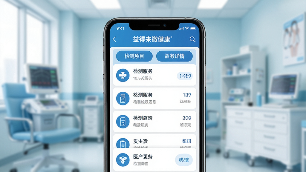 �����΢����ҽѧ�������ѯ���棬����Ϊ�ֻ���Ļ��ʾ�����Ŀ�б�������ҳ���������ֻ�����չʾ������Ϊ����ҽ�ƽ��������黯���Ű��б���������ť��Ŀ�����Ϊרҵҽ�ƿƼ��磬����ɫ����ϸ���Ͻ�������������΢��������ʶ�������ͼ�ꣻ���ʸ��壬�ɾ����޶���Ԫ��