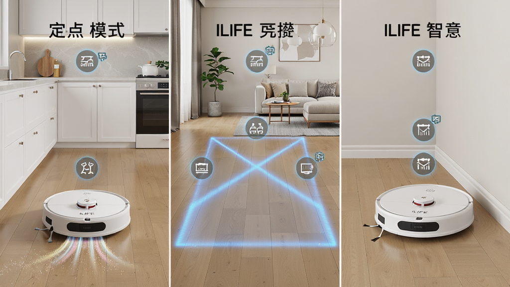 ILIFE�����ģʽ��ɨ����չʾͼ��������һ̨ILIFEɨ�ػ������ڲ�ͬ���������л���ɨģʽ�����Ϊ��������ģʽ���м�Ϊ��������ģʽ���Ҳ�Ϊǽ���ر�ģʽ�����ֲ����������������У��Ű�������ע��ģʽ���ƣ����Ϊ����дʵ�Ҿӷ磬ϸ�ڰ����ذ��������ҳ�����������Ķ�Ч��ģʽͼ�꣬���ʸ���ɾ��޶���Ԫ��