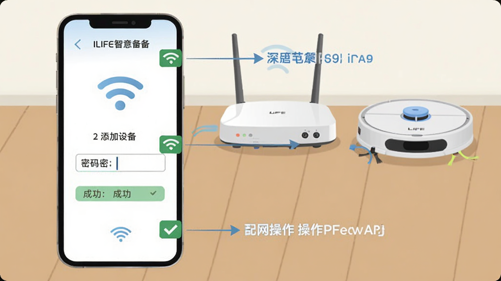 ILIFE����APP������������ʾ��ͼ������չʾ�ֻ���Ļ�ֲ���ʾ�����豸���̣�����Ϊ��ͥWiFi·������ɨ�ػ����ˣ����ֲ������������У��Ű�������עÿһ�����������Ϊ��ƽ���̳̲廭��ϸ�ڰ���WiFi�ź�ͼ�ꡢ��������򡢳ɹ��򹴱�ǣ����ʸɾ��޶���Ԫ��