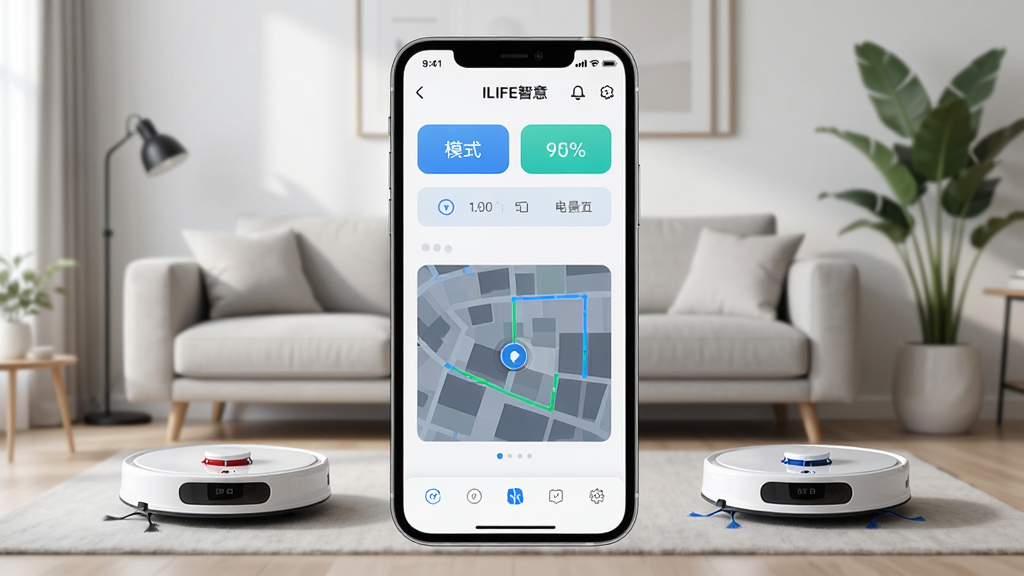 ILIFE�����ֻ�APP������չʾͼ����������һ�������ֻ�����Ļ����ʾILIFE����APP�Ļ����˿�����壬����Ϊ�ִ���Լ�����������������ֻ�ռ���Ӿ����ģ���Χ����ɨ�ػ����ˡ�ɳ������ֲ��Ԫ�أ��Ű���þ��й�ͼ�����Ϊ����дʵ�Ƽ��磬ϸ�ڰ���APP�����ϵ���ɨģʽ��ť�������ٷֱȡ���ͼ�켣�ȣ����ʸ���ɾ��޶���Ԫ��