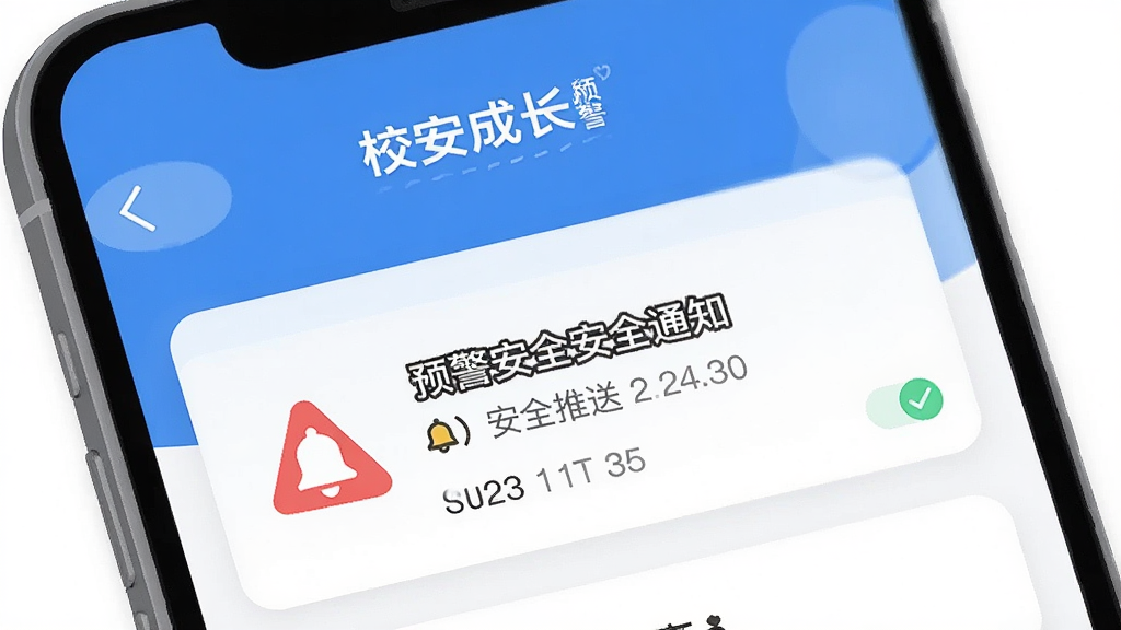 һ��AI���ɵĲ廭�����������ǡ�У���ɳ���Ӧ���еİ�ȫ֪ͨ���ͽ��棬����Ϊ�ֻ���Ļ��д����Ļ����ʾ��ɫԤ��ͼ�������֪ͨ��Ƭ���Ű����룬����ƽ����ƣ�ϸ�ڰ�������ͼ�ꡢʱ������Ѷ���ǣ����ʸ��壬�ɾ����޶���Ԫ��