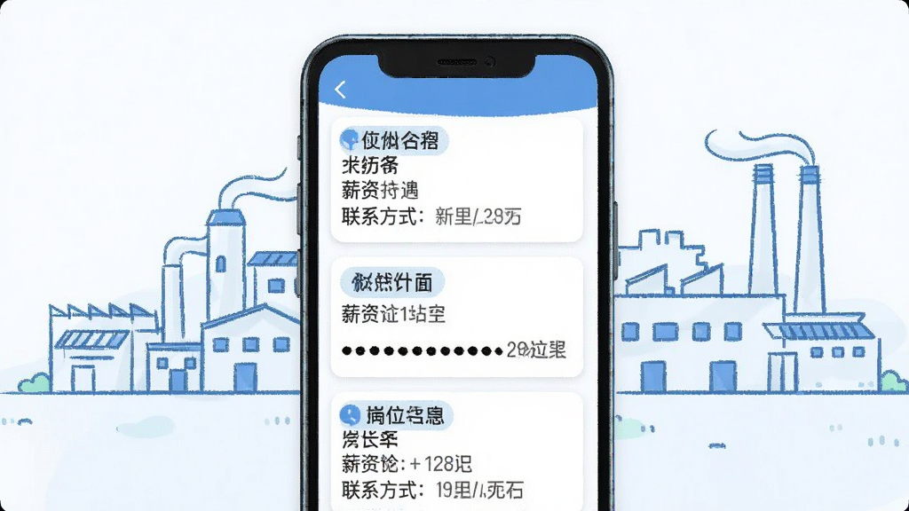 һ��չʾ��Ƹ��Ϣ�б����ֻ�Ӧ�ý����ͼ���廭����������Ϊ�ֻ���Ļ����Ļ�������Ŷ�����Ƹ��Ϣ��Ƭ����Ƭ�ϱ�ע�Ÿ�λ���ơ�н�ʴ�������ϵ��ʽ������Ϊ֯�﹤ҵ�������������������죬ɫ���԰�ɫ����ɫΪ����ϸ�����������ʸɾ����޶���Ԫ��