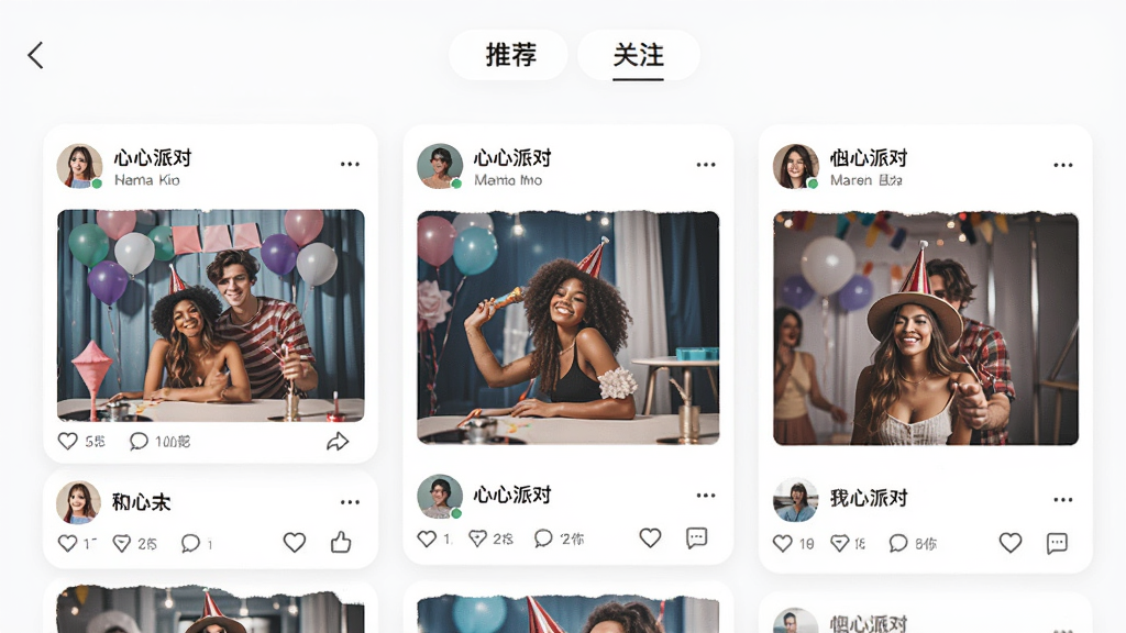 �����ɶ�Ӧ���ڶ�̬����ҳ�棬������չʾ�����û���̬��Ƭ������ͼƬ�����ֺ͵�������ͼ�꣬�������Ƽ��͹�ע��ǩ����������ǳɫϵ�������Ű����࣬������£������������ɾ��޶���Ԫ��