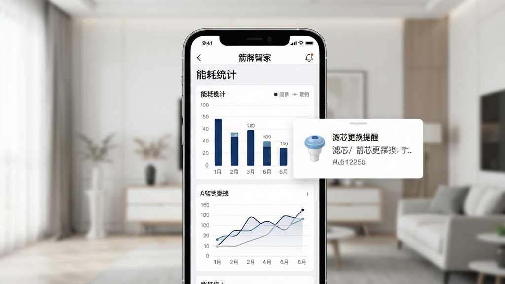 ����չʾһ������ͳ�ƽ��棬�����������ֻ���Ļ����Ļ����ʾ�������Ǽҡ�App���ܺ�ͳ��ͼ����������״ͼ������ͼ��ͼ���Ա�����о�������ѵĵ��������汳���Ǽ��ļҾӻ����黯��������Ϊ�����Լ�磬ɫ���԰�ɫ������ɫ��ǳ��ɫΪ�������ָɾ����䣬�����������޶���װ��