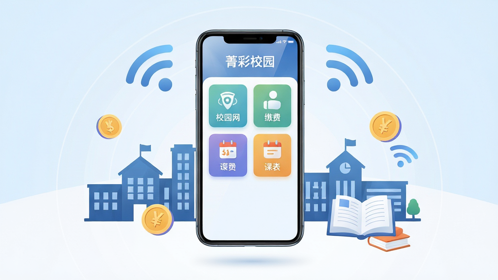 整体展示菁彩校园应用的核心界面全貌,画面中央悬浮一部智能手机,手机屏幕显示菁彩校园首页,包含校园网连接、缴费、课表等图标模块。手机周围环绕校园建筑剪影、WiFi信号波纹、支付硬币、书本等元素。布局采用中心辐射式构图,排版整洁有序,风格为现代扁平化科技风,细节上手机屏幕有轻微反光,背景为柔和渐变蓝白色调。画质为4K超高清,干净明亮,无多余杂乱元素。