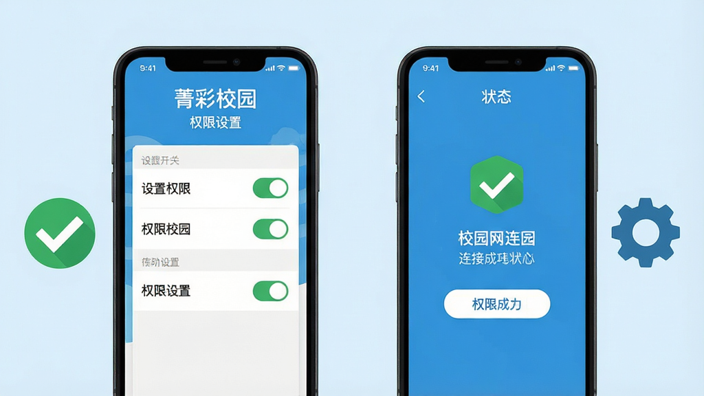菁彩校园移动端使用技巧示意图,画面主体为一部手机展示设置权限界面与校园网连接成功界面,手机旁边配有对勾图标与齿轮图标。布局为左右对比展示,排版突出权限开关与连接成功状态。风格为扁平化教学风,细节上界面文字清晰可辨,背景为浅蓝色。画质高清,干净无杂物,文字内容为“菁彩校园”与“权限设置”。