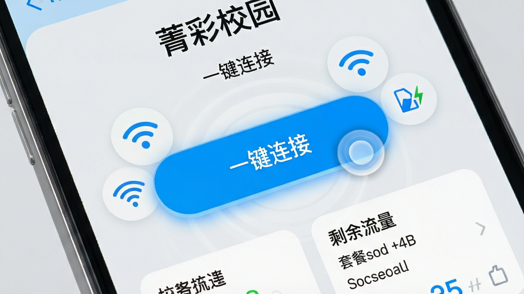 菁彩校园应用内校园网连接功能界面特写,画面主体为手机屏幕显示一键连接校园网的按钮,按钮呈亮蓝色高亮状态,周围环绕WiFi信号图标与数据流量符号。布局为手机界面截图风格,排版清晰展示连接状态、剩余流量与套餐详情。风格为简洁科技感,细节上按钮有轻微按压动效感,背景为淡灰色。画质高清,干净无杂物,文字内容为“菁彩校园”与“一键连接”。