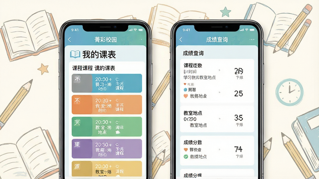 菁彩校园学习与教务管理功能展示图,画面主体为手机屏幕显示课表界面与成绩查询界面并排排列。布局采用双屏并列展示,排版突出课程时间、教室地点与成绩分数。风格为清新校园风,细节上课表有彩色色块区分不同课程,背景为淡雅的书本与铅笔简笔画。画质清晰,干净整洁,文字内容为“菁彩校园”与“我的课表”。