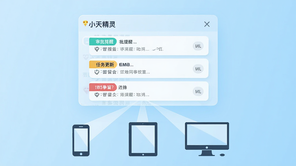 画面主体为一块悬浮在半空中的半透明消息面板,面板内分层展示“小天精灵”的消息条目,包括审批提醒、任务更新和同事留言三类卡片,卡片用不同颜色标签区分。面板下方延伸出几条光线连接手机、平板和电脑三个设备轮廓,体现多端同步。风格为科技感扁平插画,背景为浅蓝渐变,元素清晰不杂乱,画质干净高清。