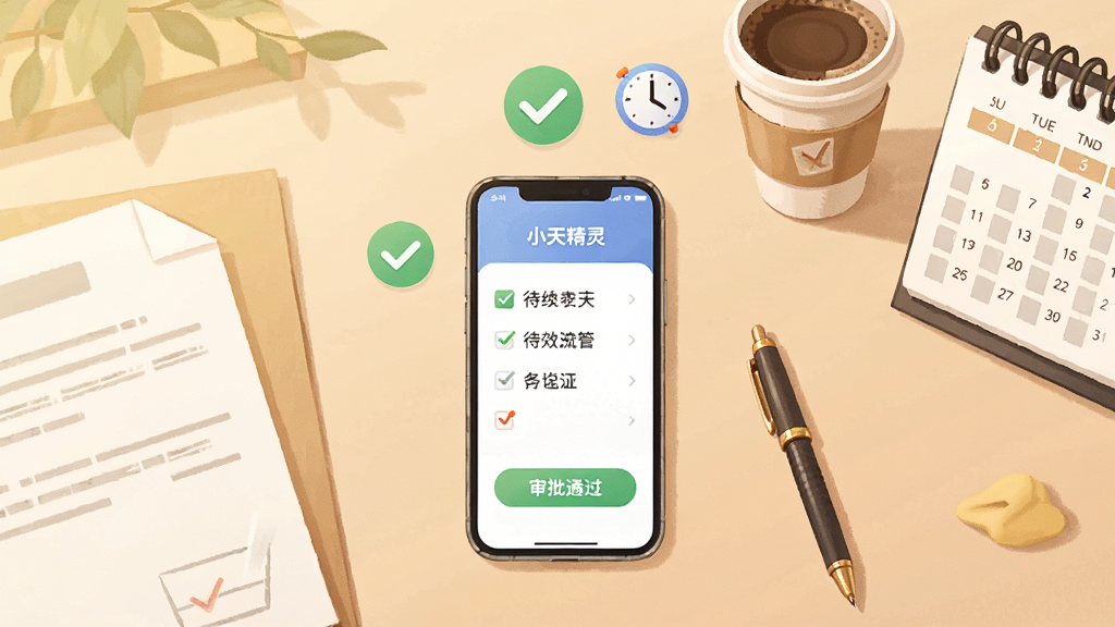 画面展示一个办公桌俯视场景,桌面中央放置一部手机,手机屏幕显示“小天精灵”的待办清单和审批通过按钮,旁边散落着文件、签字笔、咖啡杯和日历。手机上方漂浮着绿色的对勾图标和时钟图标,表示流程完成与时效管理。整体风格为温暖商务插画,色调柔和,构图平衡,高清画质,无多余元素。