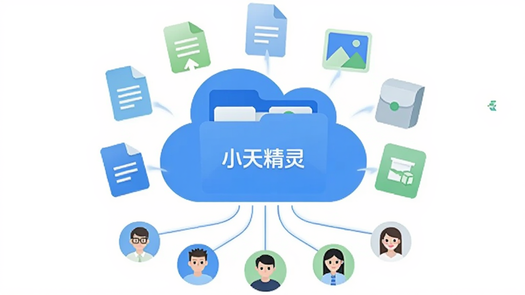 画面中央是一个云朵形状的共享文件夹,文件夹表面印有“小天精灵”字样,周围有多个文档图标、图片图标和压缩包图标向文件夹汇聚,形成上传与共享的动势。下方有几条细线连接不同用户头像,表示多人协作。风格为清新扁平图标插画,配色以蓝、白、浅绿为主,画面干净,高清画质。