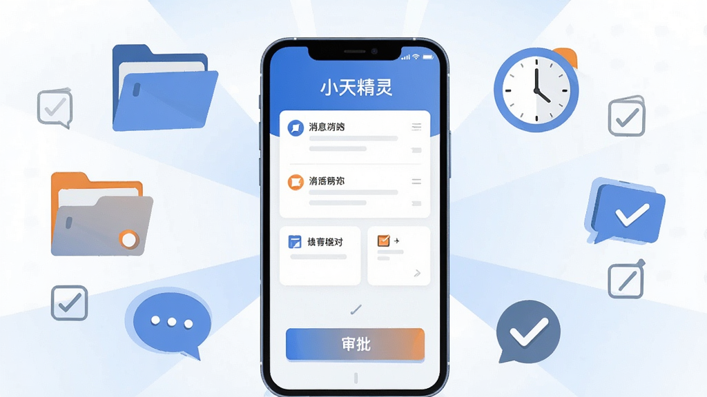 画面中央展示一部智能手机,手机屏幕显示简洁的办公应用界面,界面顶部有“小天精灵”文字标识,屏幕内排列着消息列表、待办卡片和审批按钮等模块。手机周围环绕着文件夹、时钟、对话气泡、勾选标记等扁平化图标,布局呈放射状围绕手机展开。整体风格为现代扁平插画,配色以蓝白为主、辅以少量橙色点缀,画面干净整洁,无多余装饰元素,高清画质,适合作为软件下载站介绍配图。