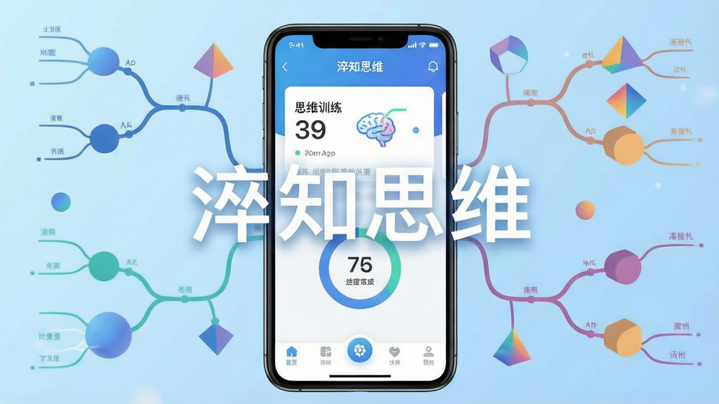 һ��չʾ��֪˼ά������������ͼƬ�������������ֻ���Ļ����Ļ�ڳ��ִ�֪˼άApp����ҳ�棬����˼άѵ����Ƭ�����Ȼ��͵ײ�������������Ϊǳ��ɫ���䣬��Χ�����ų����˼ά��ͼ�����ͼ���ͼ�Σ����������ִ���ɫ�ʸɾ�������������������������������Ϊ����֪˼ά�����޶���Ԫ�أ��Ű���У��ʺ���Ϊ��������վԤ��ͼ