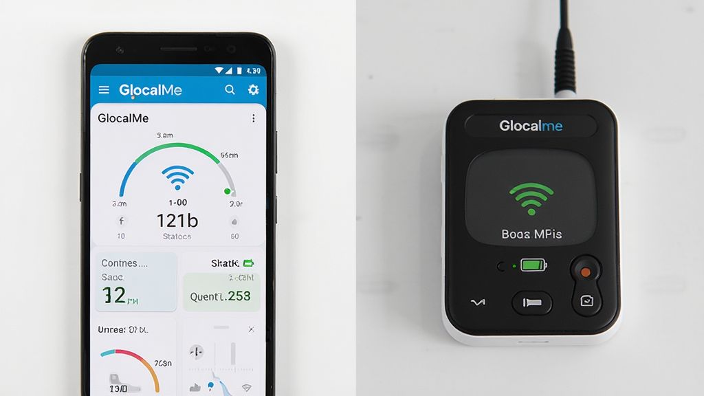 ����Ϊһ����׿�ֻ���ʾGlocalMeӦ����������һ̨GlocalMe����WiFi�豸���Űڷţ����ֲ������ҶԱȹ�ͼ���ֻ���Ļչʾ�����Ǳ������豸����״̬�����Ϊ�������µĲ�Ʒչʾ���ϸ�ڰ���WiFi�ź�ͼ�ꡢ����ָʾ�ơ��ײ�ʣ��������ǩ�����ʸ��塢�ɾ����޶���Ԫ��