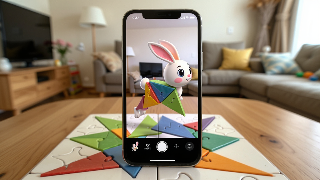 AR�������ɰ�ARʵ������������������һ���ֻ����������ϵ����ɰ�ƴͼ���ֻ���Ļ����ʾ��һֻ�����ɰ���γɵ����忨ͨС���ӣ�����������Ծ������Ϊ��ͥ��������������Ϊ�ֻ����С�ƴͼ���ֻ�ǰ�������дʵ�뿨ͨ��ϣ�ϸ�ڰ������ɰ�ƴ����ֻ�����Ԫ�أ������������ɾ����޶���Ԫ��