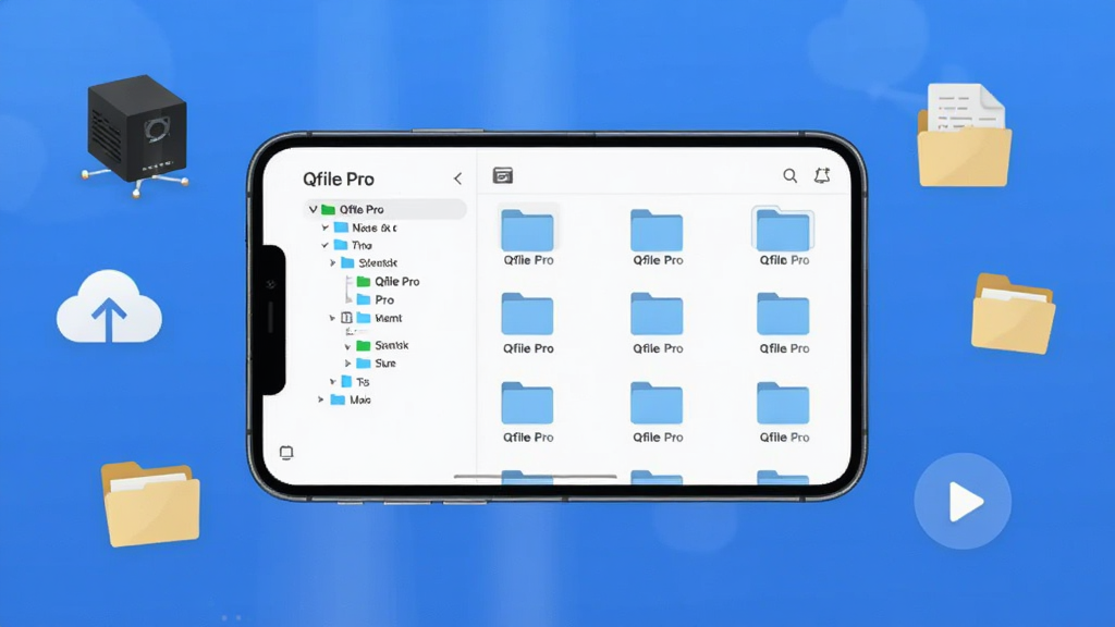 һ��չʾ Qfile Pro �ƶ��˽���ĸ���ͼ������������һ�������ֻ�����Ļ����ʾ Qfile Pro ���ļ��б����棬������ļ�����״�������Ҳ����ļ�����ͼ���񣬱����Ǽ��ĿƼ������䣬�ֻ���ΧƯ���� NAS �豸���ƶ䡢�ļ��С����Ű�ť��Сͼ�꣬���岼�־��У����Ϊ�ִ���ƽ�� UI ��ƣ�ϸ�����������ʸɾ����޶���Ԫ��