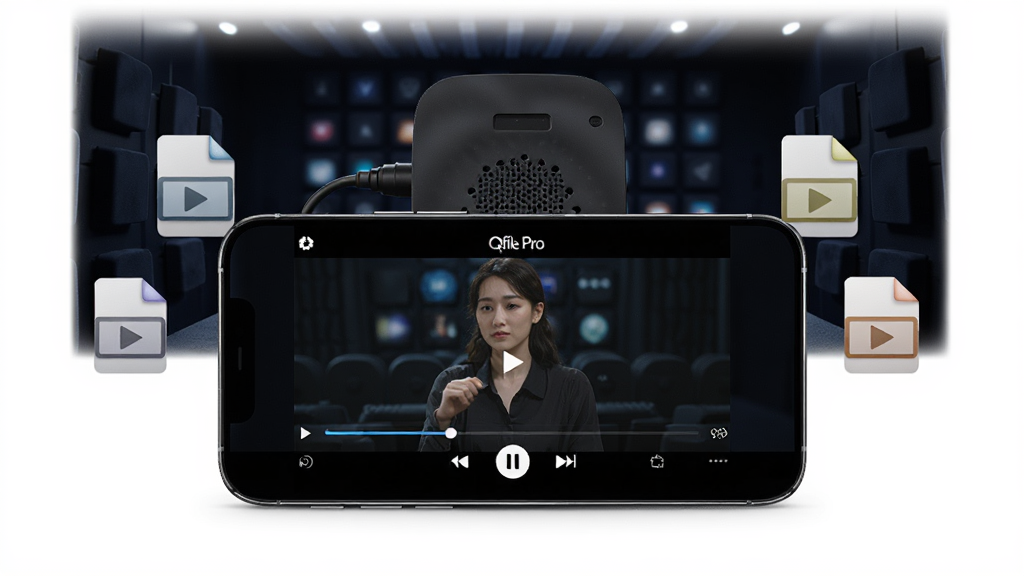 Qfile Pro ���߲��Ź��ܸ���ͼ������������һ�������ֻ�����Ļ��ʾ��Ƶ���Ž��棬�������Ͳ��ſ��ư�ť�����ɼ����ֻ�����һ̨ NAS �豸�Ͷ��ý���ļ�ͼ�꣬����Ϊ��ɫӰԺ��񣬲��־��У�����ִ���࣬ϸ�����������ʸɾ����޶���Ԫ��