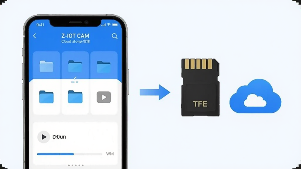 �������Ϊ�ֻ���ʾ��Z-IOT CAM���ƴ洢�������棬�Ҳ�Ϊһ��TF�洢�����ƶ�ͼ�겢�С��м��ü�ͷ���ӱ�ʾ����ͬ�����������ҶԳƣ����Ϊ��ˬǳɫϵ��ϸ�ڰ����ļ���ͼ�ꡢ���Ű�ť���������������������ɾ����޶���Ԫ�ء�