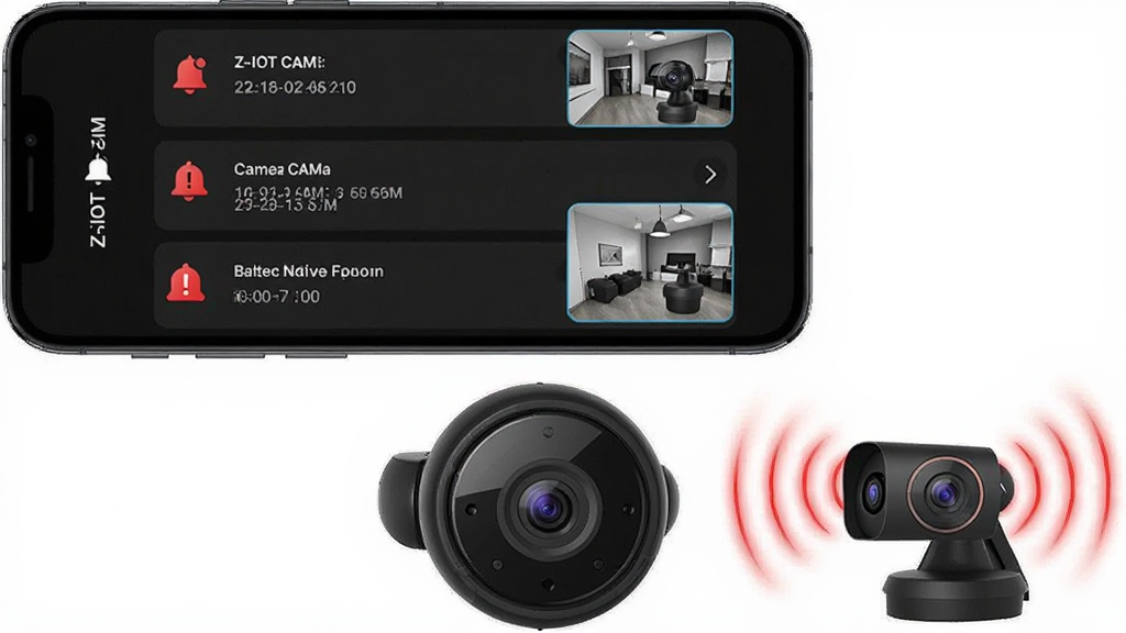�ֻ���Ļ��ʾ��Z-IOT CAM������֪ͨ�б���ÿ��֪ͨ��������ͷ���ơ�ʱ���������ͼ���ֻ��Ա���һ������ͷͼ�귢����ɫ��ʾ���ơ����ֲ������½ṹ���Ϸ�Ϊ�ֻ����·�Ϊ����ͷ�豸�����Ϊ�Ƽ�����ɫ���⡣ϸ�ڰ�������ͼ�ꡢ��ɫ��̾�š����ʸ��壬�ɾ����޶���Ԫ�ء�