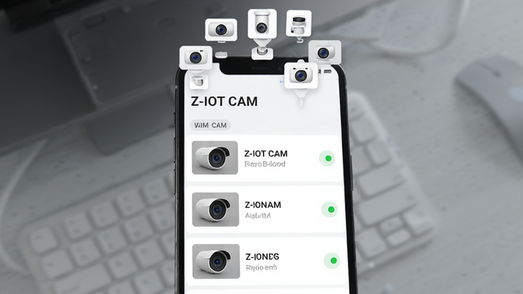 �ֻ���Ļչʾ��Z-IOT CAM���豸�б����棬�б����ж������ͷ��Ŀ��ÿ����Ŀ��������ͼ�����ƺ�����״ָ̬ʾ�ơ��ֻ��Ϸ�Ư���������ͷСͼ�ꡣ����Ϊ��ֱ�б��ṹ�����Ϊ��Լ����硣ϸ�ڰ��������ǩ�������̵㡣�����������ɾ����޶���Ԫ�ء�