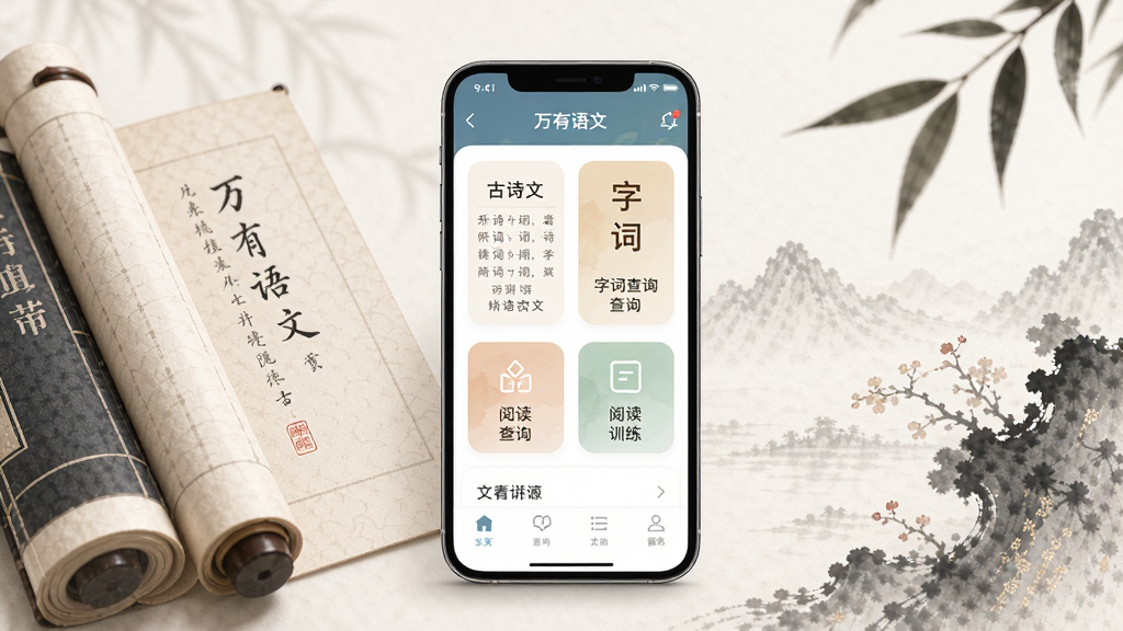��������APP������չʾ������������һ�������ֻ�����Ļ��ʾ����ѧϰӦ����ҳ��������ʫ�ġ��ִʲ�ѯ���Ķ�ѵ���ȹ�����ڣ�����Ϊ���ŵ������ˮīԪ�أ����ּ������������������գ�ϸ�ھ��£����ʸ��壬�ɾ��޶���Ԫ��