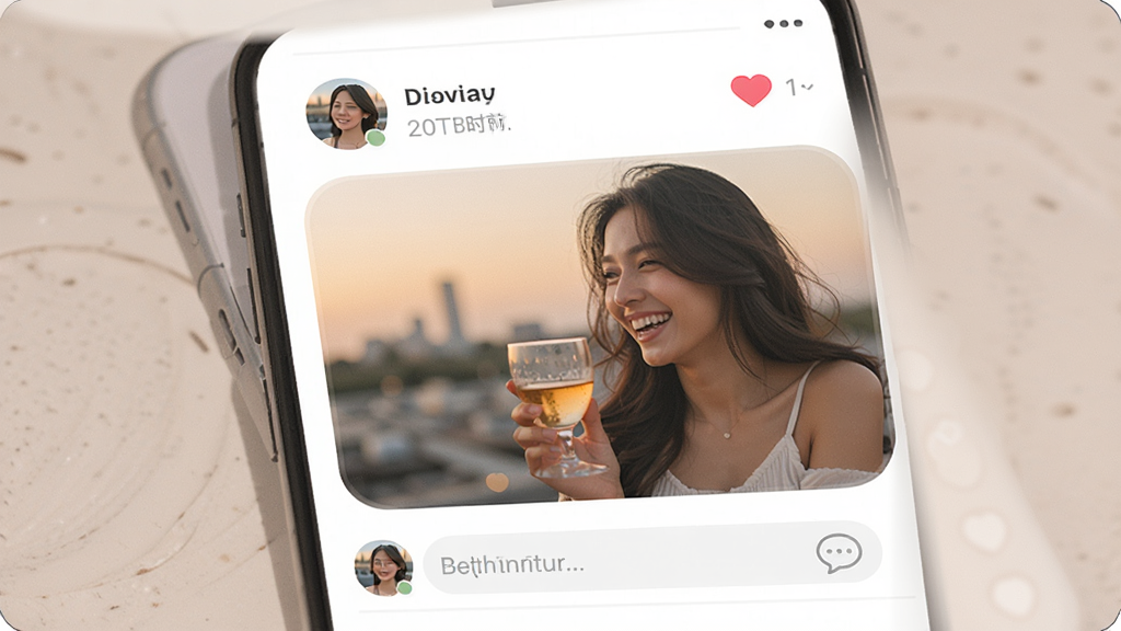 һ��AI���ɵ��罻��̬�㳡����ͼƬ����������������İ��Լ��APP�Ķ�̬��ҳ�棬����Ϊ�ֻ�����չʾ���Ű�Ϊͼ�Ļ�����Ϣ�������Ϊ���Բ����ƣ�ϸ�ڰ����û�ͷ�񡢷���ʱ�䡢���ް���ͼ�ꡢ��������򣬻��ʸ��壬�ɾ����޶���Ԫ��