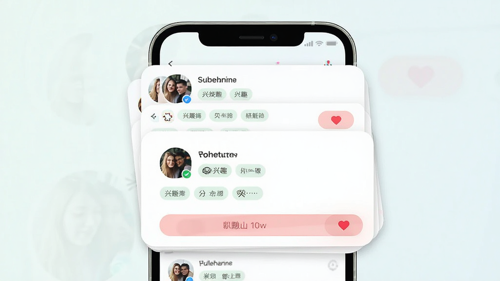 һ��AI���ɵ��罻����ƥ�����ͼƬ����������������İ��Լ����Ƽ���Ƭ�ѵ�Ч��������Ϊ�ֻ���Ļ����չʾ���Ű���ÿ�Ƭʽ������ƣ����Ϊ����ǳɫϵUI��ϸ�ڰ����û�ͷ����Ȥ��ǩСͼ�ꡢ�Ķ���ť�����ʸ��壬�ɾ����޶���Ԫ��