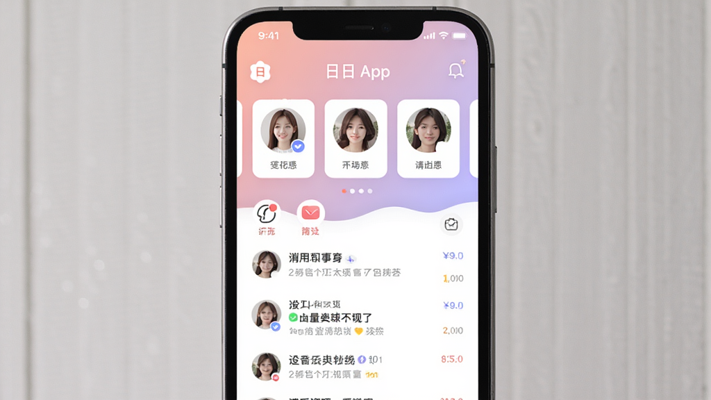 һ���ֻ���Ļչʾ�罻Ӧ�ý����ͼƬ������������ʮ����App����ҳ������Ϊ��͵ķ���ɫ���䣬��������ʾ�û�ͷ��Ƭ�������б��������ܰ�ִ���ϸ�����������ʸɾ����޶���Ԫ��
