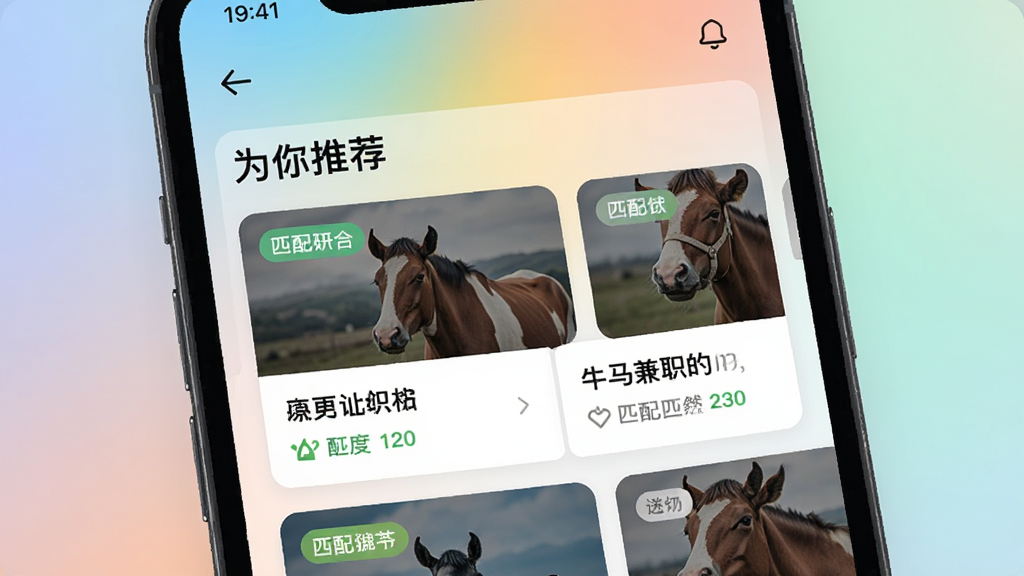 һ��չʾţ����ְAPP���Ի��Ƽ�ҳ����ֻ���ͼ���������ֻ���Ļ��ʾ��Ϊ���Ƽ�����飬�·��Ǽ��Ÿ����û�ƫ�����ɵĸ�λ��Ƭ������ƥ��ȱ�ǩ�����Ϊ�ִ�APP��ƣ�����Ϊ��ͽ���ɫ��ϸ�����������ʸɾ���