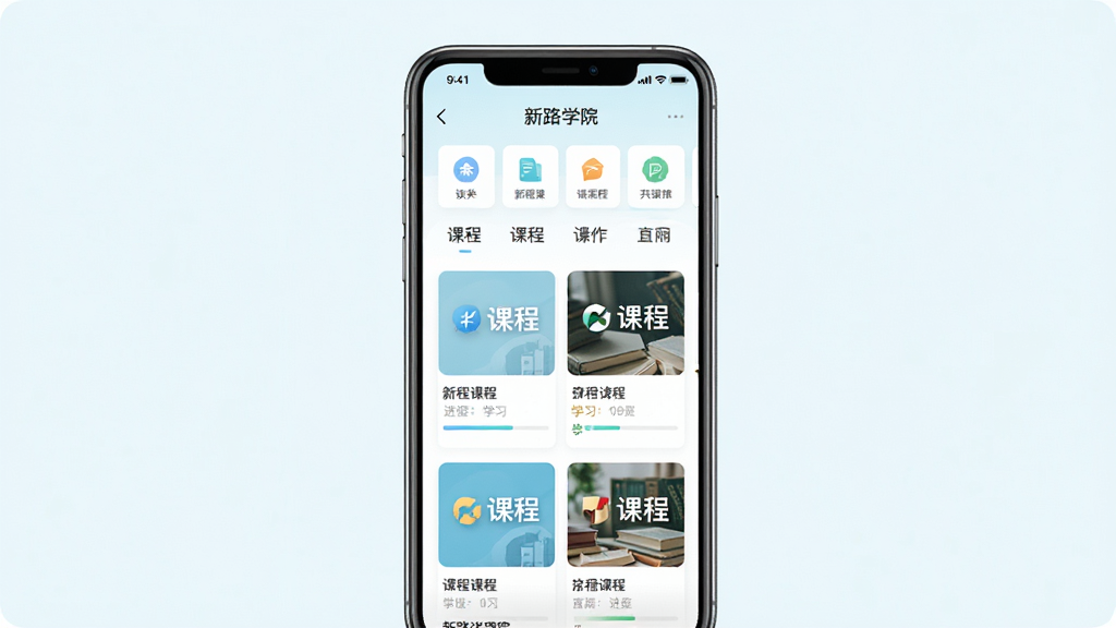 ��·ѧԺAPP�γ̷������չʾͼ������Ϊ�ֻ���Ļ�г��ֶ���γ̷����ǩ���Ƽ��γ̿�Ƭ�����ֲ��þ����ֻ�ģ��չʾ���Ű������죬���Ϊ����ǳɫϵUI��ƣ�ϸ�ڰ�������ͼ�ꡢ�γ̷��桢ѧϰ�������ȣ����ʸ���ɾ����޶���Ԫ�أ���Ļ�пɴ��С���·ѧԺ������