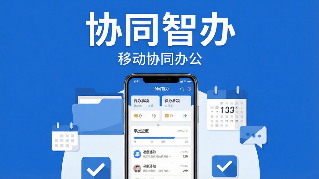Эͬ�ǰ��ƶ��칫Ӧ���������չʾ�������������һ�������ֻ�����Ļ��ʾЭͬ�ǰ�APP��ҳ�������������Ƭ����������������Ϣ֪ͨ�б����ֻ���Χ�����ļ��С��������Ի����ݡ���ѡͼ��Ȱ칫Ԫ�أ����岼�����Ҿ��⣬�Ϸ��ô������д