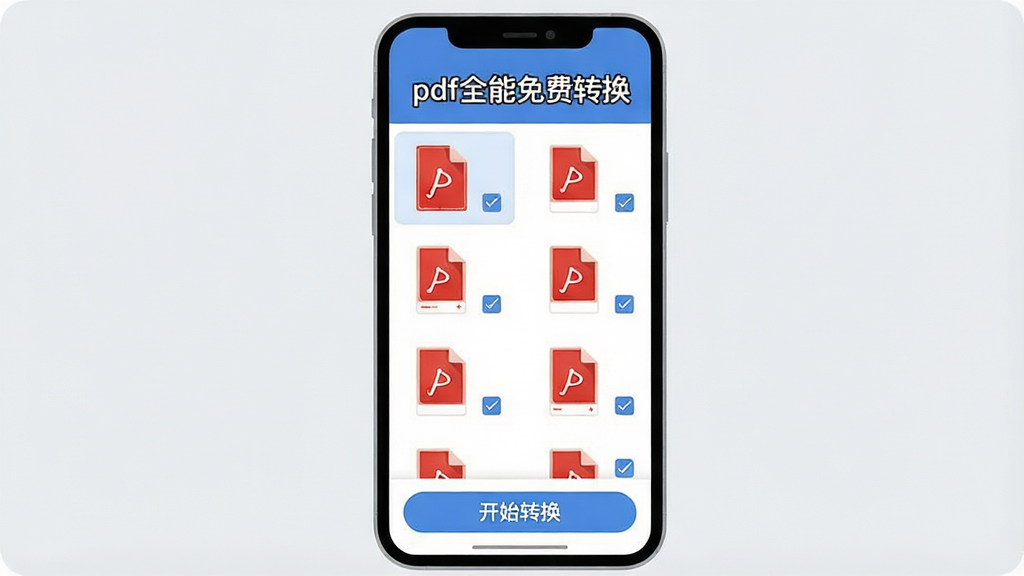 һ��չʾ�ֻ����������������ܵĲ廭���ֻ���Ļ����ʾpdfȫ�����ת��������ת���б������PDF�ļ�����ͼ�������룬ÿ���ļ����й�ѡ�򣬵ײ��С���ʼת������ť����Ļ�Ϸ���ʾ��pdfȫ�����ת��������������Ϊ����ɫ������ƽ�ִ��������������޶���Ԫ��