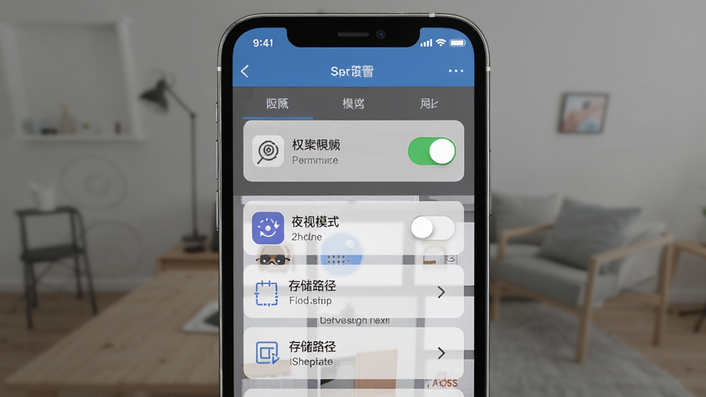 �ֻ�Զ������ͷ����App���ֻ���Ļ����ʾ���ý��棬����Ȩ�޿��ء�ҹ��ģʽ���洢·����ѡ�����Ϊ�ֻ������ͼ��񣬱�����࣬ϸ�ڰ���������ͼ������ֱ�ǩ�����ʸ��壬�ɾ����޶���Ԫ��