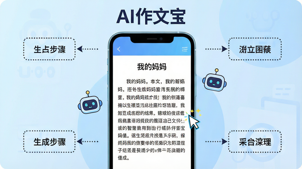 һ��AI���ı��������ɷ��Ĺ��ܵ�����ͼ����������Ϊ�ֻ���Ļչʾ�������ɽ��ҳ�棬��Ļ�Ϸ��С�AI���ı������֣���Ļ����ʾ���ҵ����衱������Ŀ���·����ɵķ��Ķ��䣬�ֻ���Χ�����߿��ע���ɲ����ͷ������Ϊ�ֻ����С������ע�������ܣ����Ϊ��ƽ�������Ƽ��廭�磬ϸ�����ֻ�����AI������Сͼ�����˸��꣬����Ϊǳ�����䣬���ʸ��壬�ɾ��޶���Ԫ��