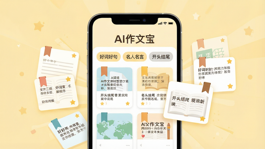 һ��AI���ı��زĿ����ʾ��ͼ������Ϊ�ֻ���Ļչʾ�زķ����б�����Ļ�Ϸ��С�AI���ı������֣���Ļ����ʾ���ôʺþ䡱���������ԡ�����ͷ��β���ȷ����ǩ���زĿ�Ƭ������Ϊ�ֻ����С��زĿ�Ƭ����Ļ������Ʈ�������Ϊ���±�ƽ�廭�磬ϸ���Ͽ�Ƭ������ǩ������ͼ�꣬����Ϊǳ��ɫůɫ�������ʸ��壬�ɾ��޶���Ԫ��
