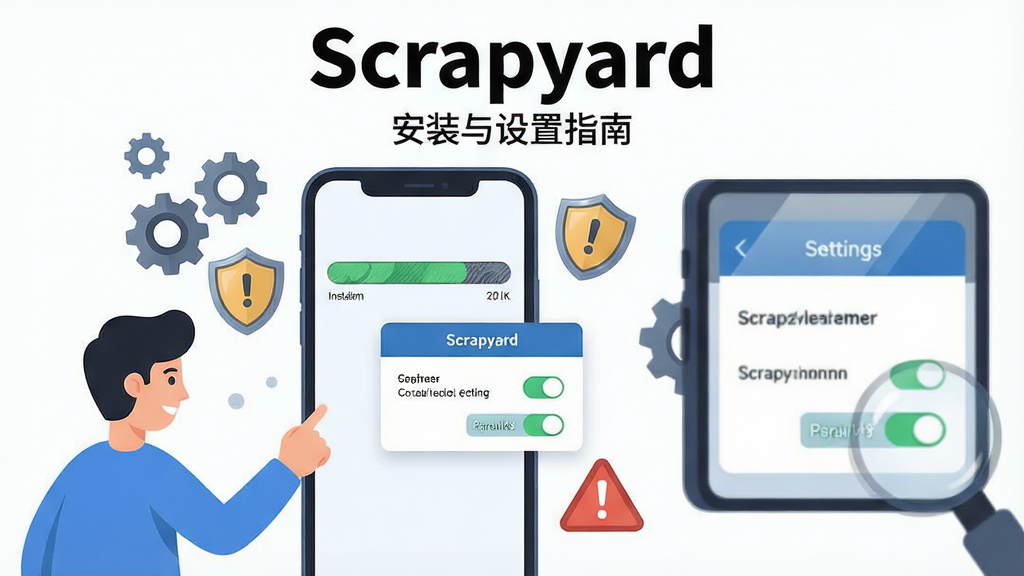 һ��չʾ�ֻ���Ϸ��װ�����ý���Ĳ廭������������һ�������ֻ�����Ļ����ʾ��Scrapyard�İ�װ��������Ȩ�����õ������ֻ���ΧƯ���ų��֡����ƺ;����־��ͼ�ꡣ���������һ����ͨ�������ڵ���ֻ���Ļ���Ҳ������ò˵��ķŴ�ʾ��ͼ�����涥���ô�����д�š�Scrapyard�����·�С�ֱ�ע����װ������ָ�ϡ������Ϊ��ƽ���Ƽ��廭��ϸ�ڰ���������������Ȩ�޿��ذ�ť����ȫ���ƹ��󣬻��������ɾ����޶���Ԫ�ء�