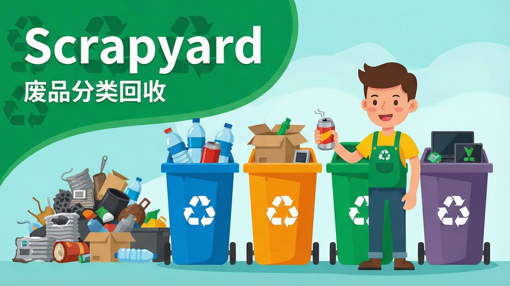 һ��չʾ��Ʒ������ճ����Ĳ廭��������һ����ͨ����վ��һ�Ų�ɫ���������ǰ������ǽ������϶ѣ��м�������ƿ��ֽ�䣬�Ҳ��ǵ����������򡣻������Ͻ��ð�ɫ������д�š�Scrapyard�����·�С�ֱ�ע����Ʒ������ա������Ϊ����ı�ƽ��ʸ���廭��ϸ�ڰ������ձ�־����ͬ��ɫ�������ǩ���������еķϾ������ޣ����������ɾ����޶���Ԫ�ء�