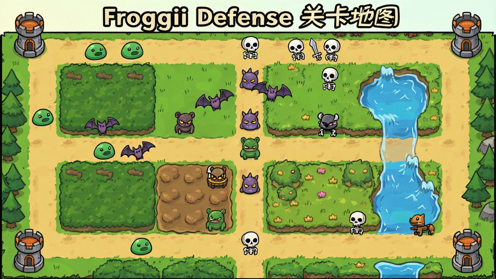 һ��Froggii Defense����Ϸ�ؿ���ͼ����ͼ�Ϸֲ��Ŷ���·���Ͳ�ͬ�ĵ��Σ�·���������Ÿ��ֵ���ͼ�꣬����ʷ��ķ���������õȣ���ͼ��Ե�з���������㣬������ÿ�ͨ�ֻ���ɫ�ʷḻ�������������ɾ��޶���Ԫ�أ���������'Froggii Defense �ؿ���ͼ'