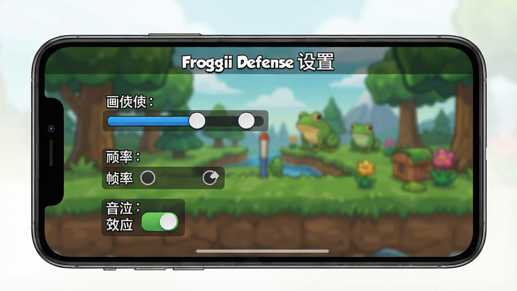 һ���ֻ���Ļ��ͼ����ͼƬ��չʾFroggii Defense����Ϸ���ý��棬�������л��ʵ��ڻ��顢֡��ѡ���Ч���صȣ�������ģ������Ϸ������������ÿ�ͨ��񣬻����������ɾ��޶���Ԫ�أ���������'Froggii Defense ����'