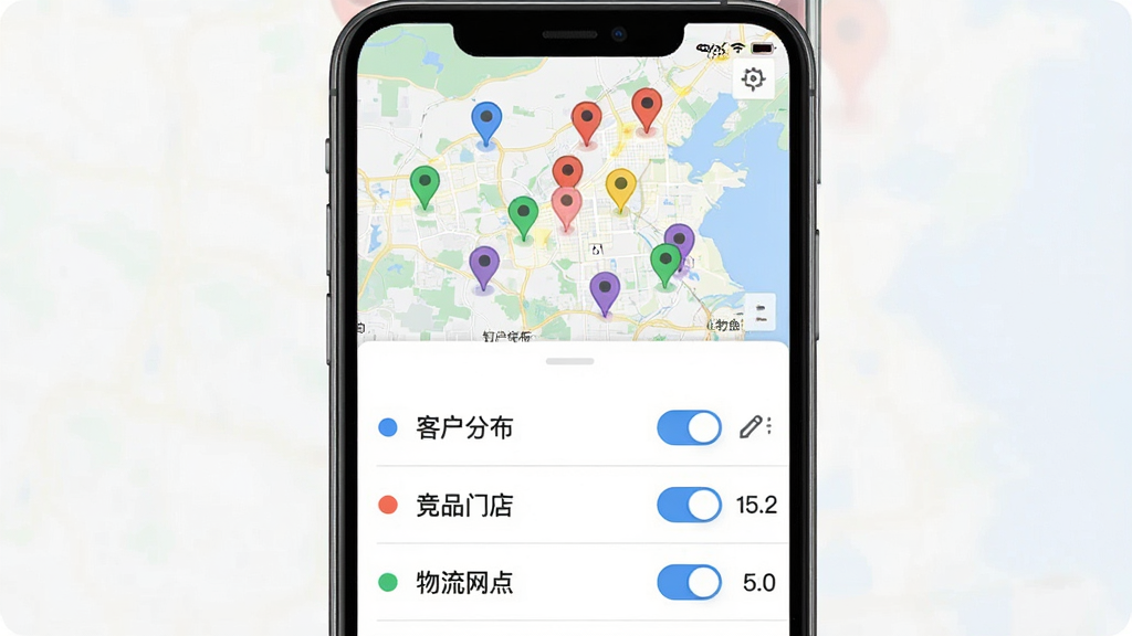 ����չʾ��ͼ�׶�ͼ��������棬����Ϊ�ֻ���Ļ����Ļ�ϰ벿��Ϊ��ͼ������ʾ�����ɫ��ע�㣬�°벿��Ϊͼ���б���壬������г����ͻ��ֲ�������Ʒ�ŵꡱ���������㡱����ͼ�㣬ÿ��ͼ��ǰ�в�ɫԲ���뿪�ذ�ť������Ϊ���½ṹ�����Ϊ����ƽ����ƣ�ϸ�ڰ���ͼ���Ҳ�ı༭ͼ��������ͳ�����֣����ʸ��壬�ɾ����޶���Ԫ��