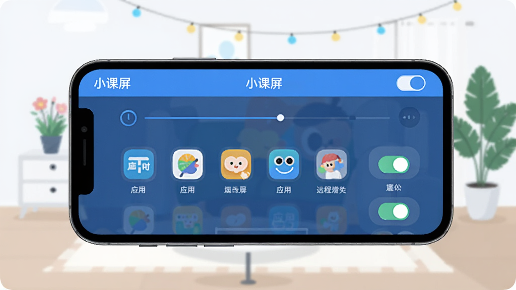 һ���ֻ���Ļ��ʾ��С������Զ�̹ܿؽ��棬��������ʱ���ᡢӦ��ͼ���б������ذ�ť��Ԫ�أ�����Ϊ���ļҾӻ�������ƽ����Ʒ��ɫ��������Ϊ�������ֱ�ע��С�������������������ɾ�������