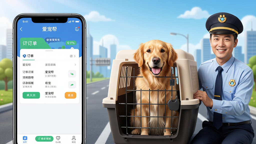 һ��չʾ�����APP���Ĺ��ܵ�����ͼ������������һֻ�ɰ��Ľ�ëȮ�������ʵĳ����������ڣ��Ա���һλ�����Ʒ���˾��΢Ц���񣬱����ǳ��е�·�����죬���������ʾ�ֻ���Ļ�а����APP�Ķ������ٽ��棬�������ְ���