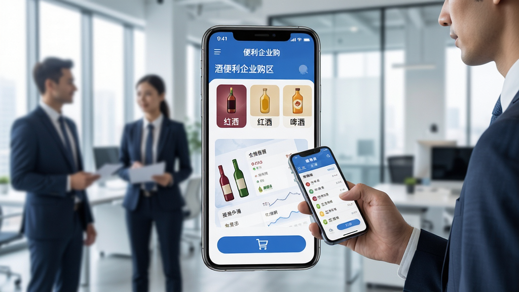 �Ʊ�����ҵ������������չʾͼ����������Ϊ�ֻ���Ļ����Ļ����ʾ�Ʊ�����ҵ��APP��ҳ�������׾ơ���ơ�ơ�Ƶȷ�����ں���ҵ�ɹ�ר��������Ϊ�ִ��칫��������������������ʿ����ʹ���ֻ��µ���������������ɫ������ɫ�Ͱ�ɫΪ����ϸ�ڰ�����ƿͼ�ꡢ���ﳵ��ť�Ͷ����б��������������ɾ����޶���Ԫ��