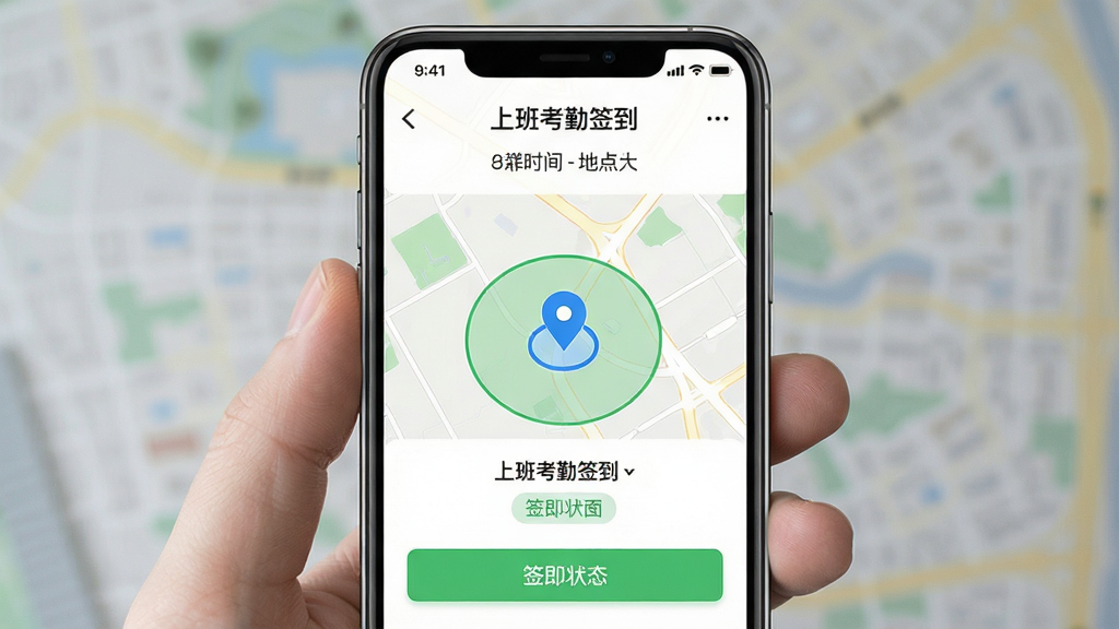 ����������һ���ֻ�չʾ���ϰ࿼��ǩ����Ӧ�õĵ�ͼǩ�����棬��ͼ����ʾ��ɫ��λԲ������ɫ���ڷ�ΧȦ������Ϊ�ֻ���������չʾ���Ű�ͻ����λͼ����ǩ����ť�����Ϊ���¼�Լ���ƶ�Ӧ�ý���磬ϸ�ڰ���ʱ����ʾ���ص����ƺ�ǩ��״̬��ǩ�������������ɾ����޶���Ԫ��