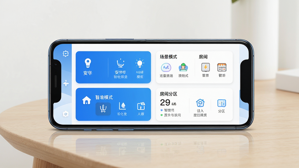 ����Connect���ܼҾӿ��ƽ���չʾ������Ϊһ����׿�ֻ���Ļ����Ļ����ʾ����ConnectӦ�������棬�����豸��Ƭ������ģʽ�����������ģ�飻����Ϊ�ֻ����з�����ǳɫľ�����棬�����ɾ���ࣻ�Ű�����������Ԫ���������룻���Ϊ�ִ��Ƽ�����Ӽ���ܰ�н�ϣ�ϸ�ڰ����ֻ��߿�߹⡢��Ļ��ͼ�꾫�¡�ɫ��������Ϊ�������ʸ��壬�ɾ��޶���Ԫ�أ����廭��