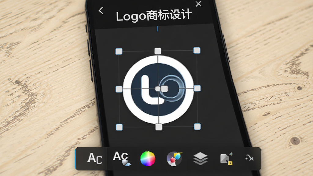 ����չʾLogo�̱���������ı༭���棬�ֻ���Ļ������һ��Բ��logoͼ�Σ���Χ����ק���Ƶ㣬�·���������ʾ���塢��ɫ��ͼ���ͼ�꣬��Ļ�Ϸ��С�Logo�̱���ơ����֣�������ǳɫľ�����棬������רҵ��࣬���ʸɾ����޶���Ԫ�ء�