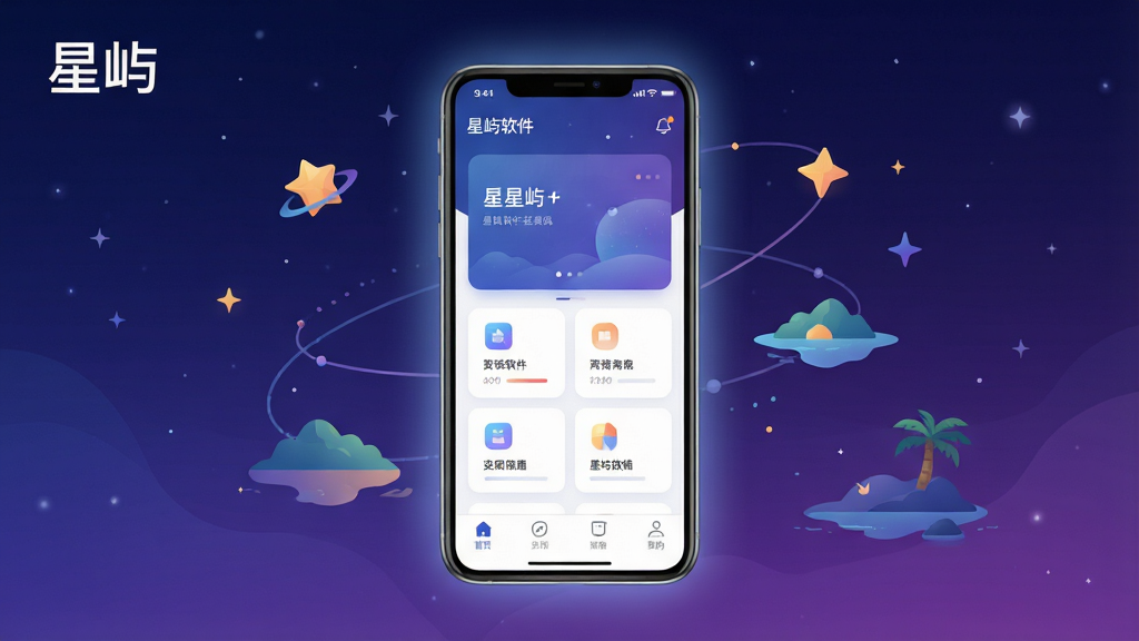 一张展示星屿软件主界面的全景图,画面中央是手机屏幕,屏幕上显示星屿APP的首页,包含底部导航栏和卡片式功能入口,周围环绕着星空和岛屿的抽象元素,整体布局采用居中构图,排版简洁大气,风格为现代扁平化科技风,细节上手机边缘有柔和的光晕,背景是深邃的蓝紫色星空渐变,画质高清,画面干净,无多余元素,图片中带有文字“星屿”