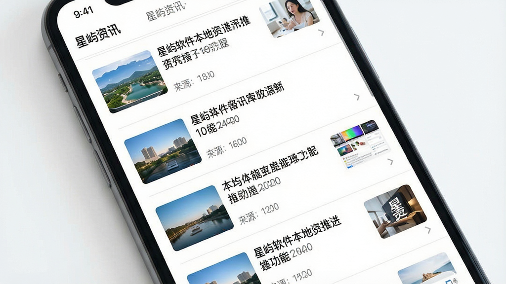 一张展示星屿软件本地资讯推送功能的界面截图,画面主体是手机屏幕,屏幕内显示新闻卡片列表,每张卡片包含标题、缩略图和来源,布局采用垂直列表排版,风格为资讯类应用的简洁设计,细节上卡片之间有细线分隔,背景是纯白色,画质高清,画面干净,无多余元素,图片中带有文字“星屿资讯”