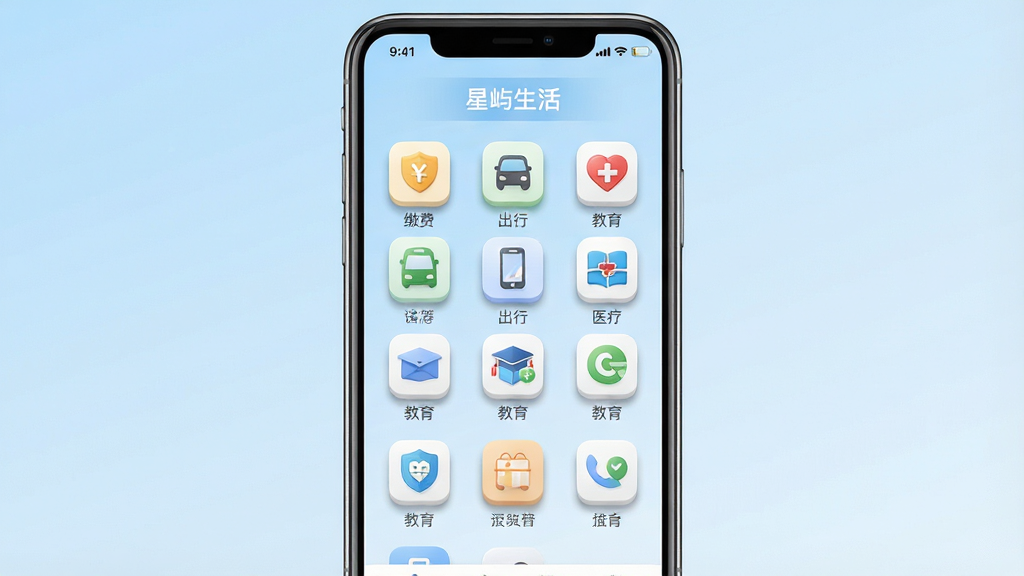 一张展示星屿软件生活服务聚合功能的界面截图,画面主体是手机屏幕,屏幕内呈现九宫格排列的服务图标,包括缴费、出行、医疗、教育等类别,布局采用中心对称式排版,风格为清新简约的UI设计,细节上每个图标都有微立体阴影效果,背景是柔和的浅蓝色渐变,画质高清,画面干净,无多余元素,图片中带有文字“星屿生活”